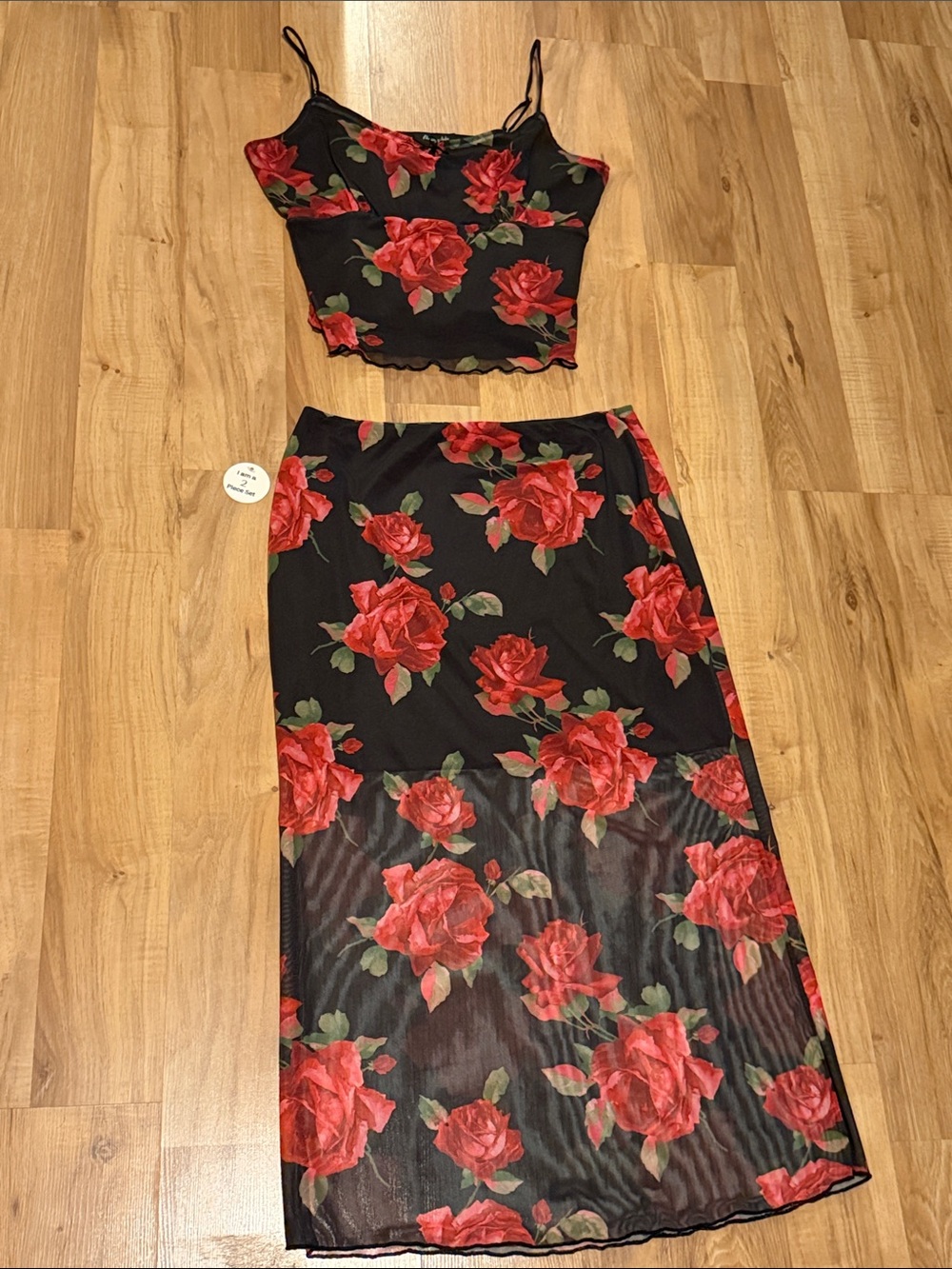 black and red rose-print two-piece charming lettuce hem